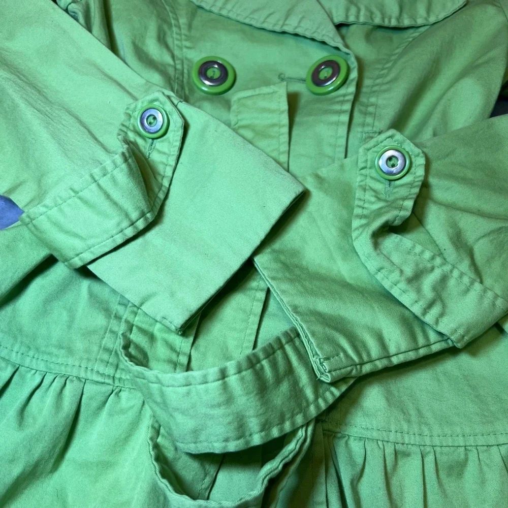 Takara Girls Size Medium‎ Bright Green Double Breasted Trench Coat Belted Ruffle